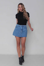 Saia Jeans Mini Recorte Frontal Barra a Fio sem Elastano