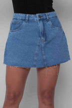 Saia Jeans Mini Recorte Frontal Barra a Fio sem Elastano