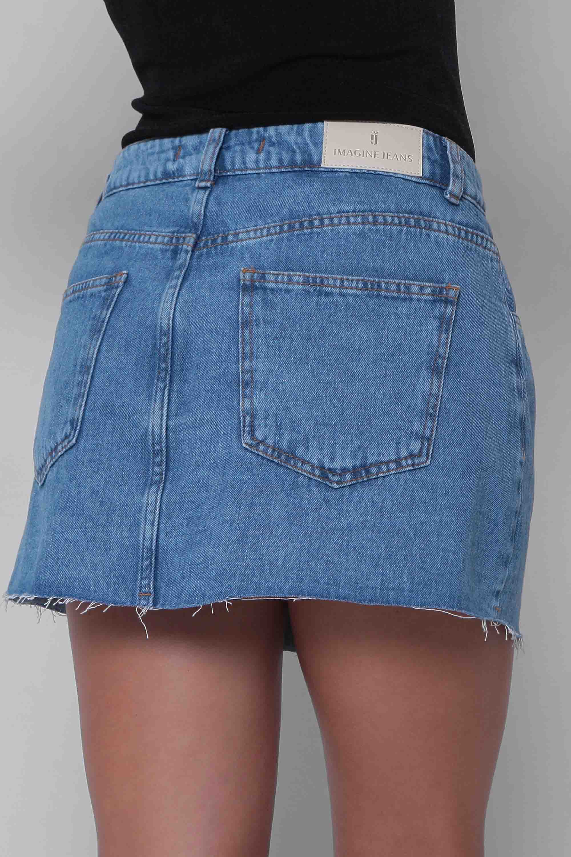 Saia Jeans Mini Recorte Frontal Barra a Fio sem Elastano