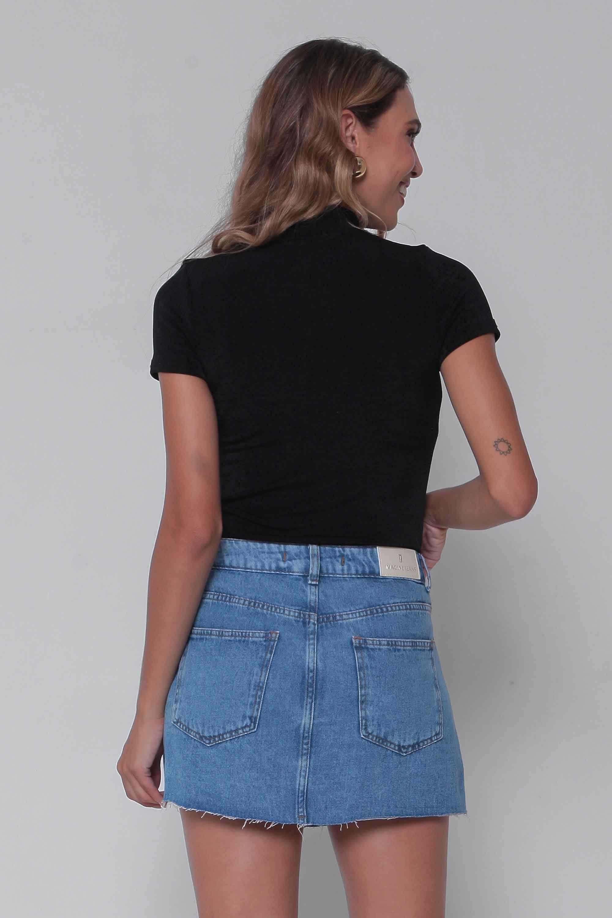 Saia Jeans Mini Recorte Frontal Barra a Fio sem Elastano