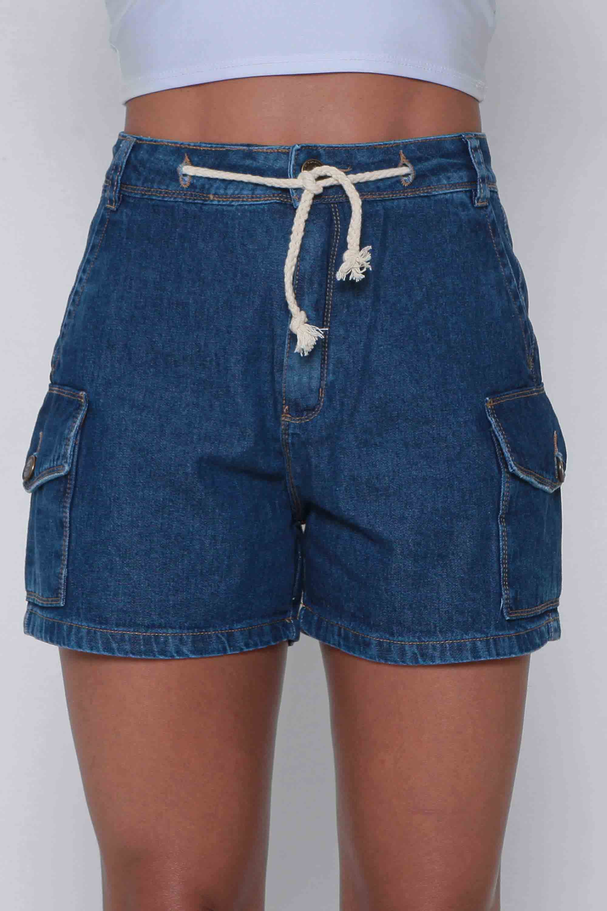 Shorts Jeans Feminino Cargo com Cordão