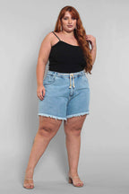 Shorts Jeans Feminino Mom Plus SIze com Cordão
