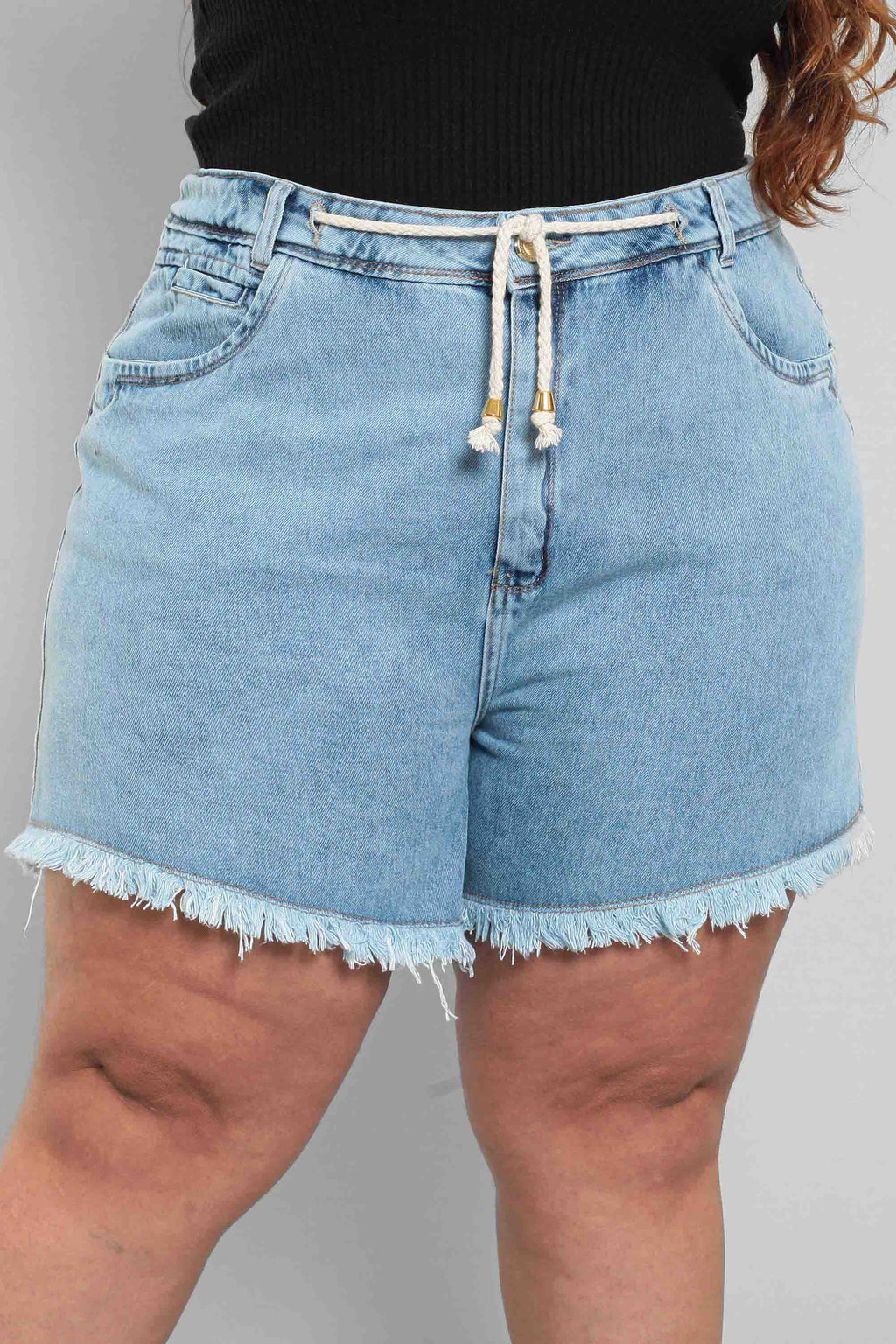 Shorts Jeans Feminino Mom Plus SIze com Cordão