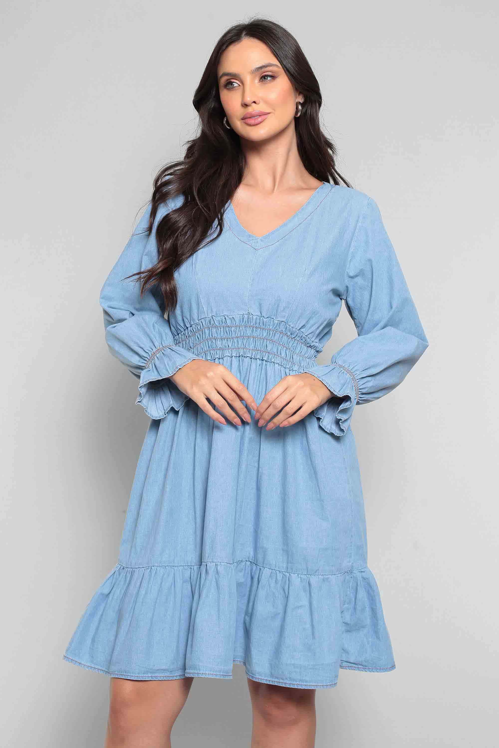 Vestido Jeans Padrão com Mangas Compridas