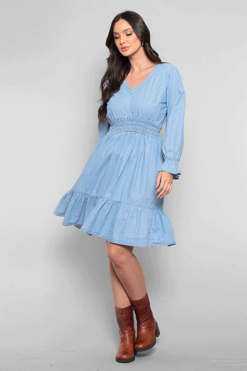 Vestido Jeans Padrão com Mangas Compridas