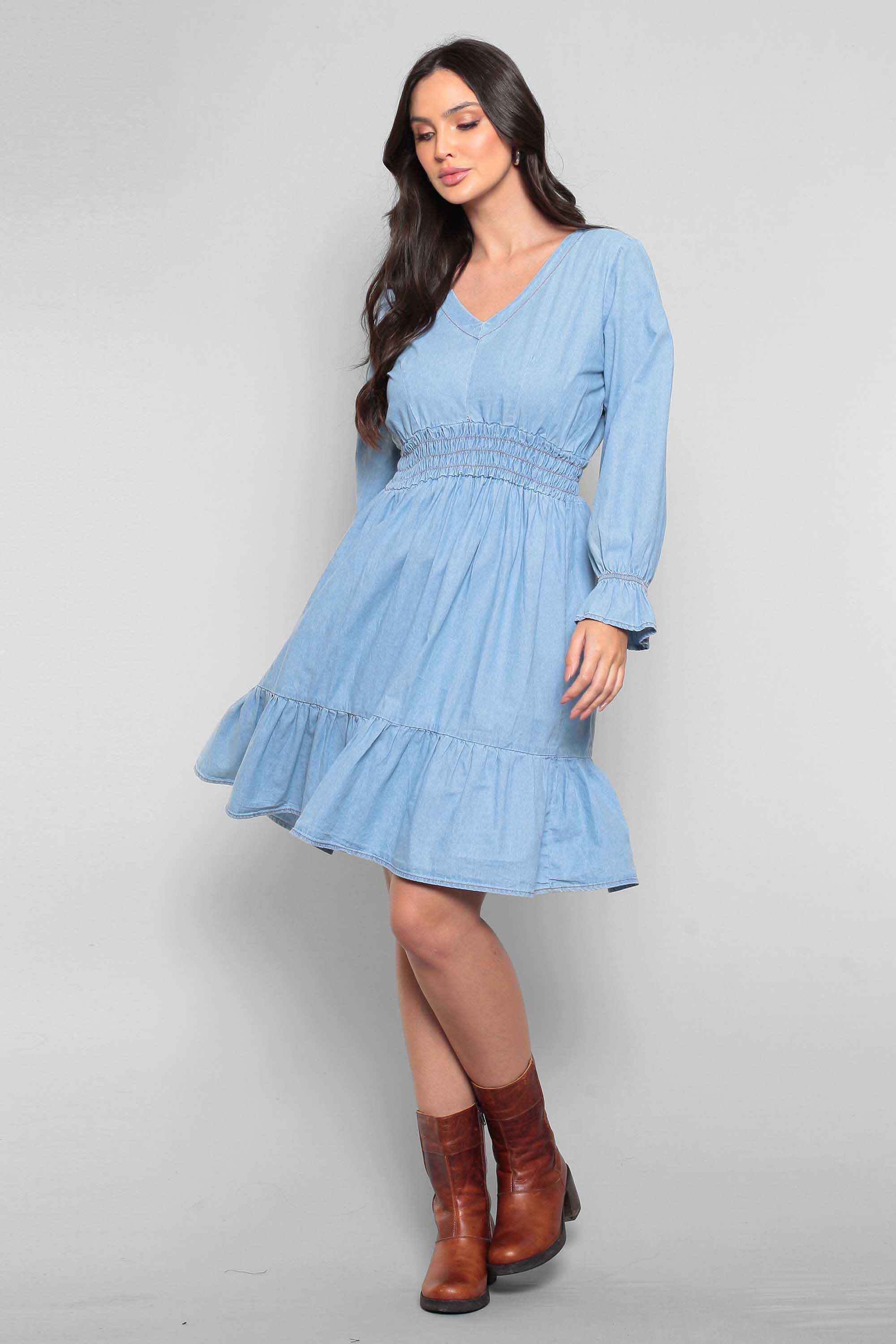 Vestido Jeans Padrão com Mangas Compridas