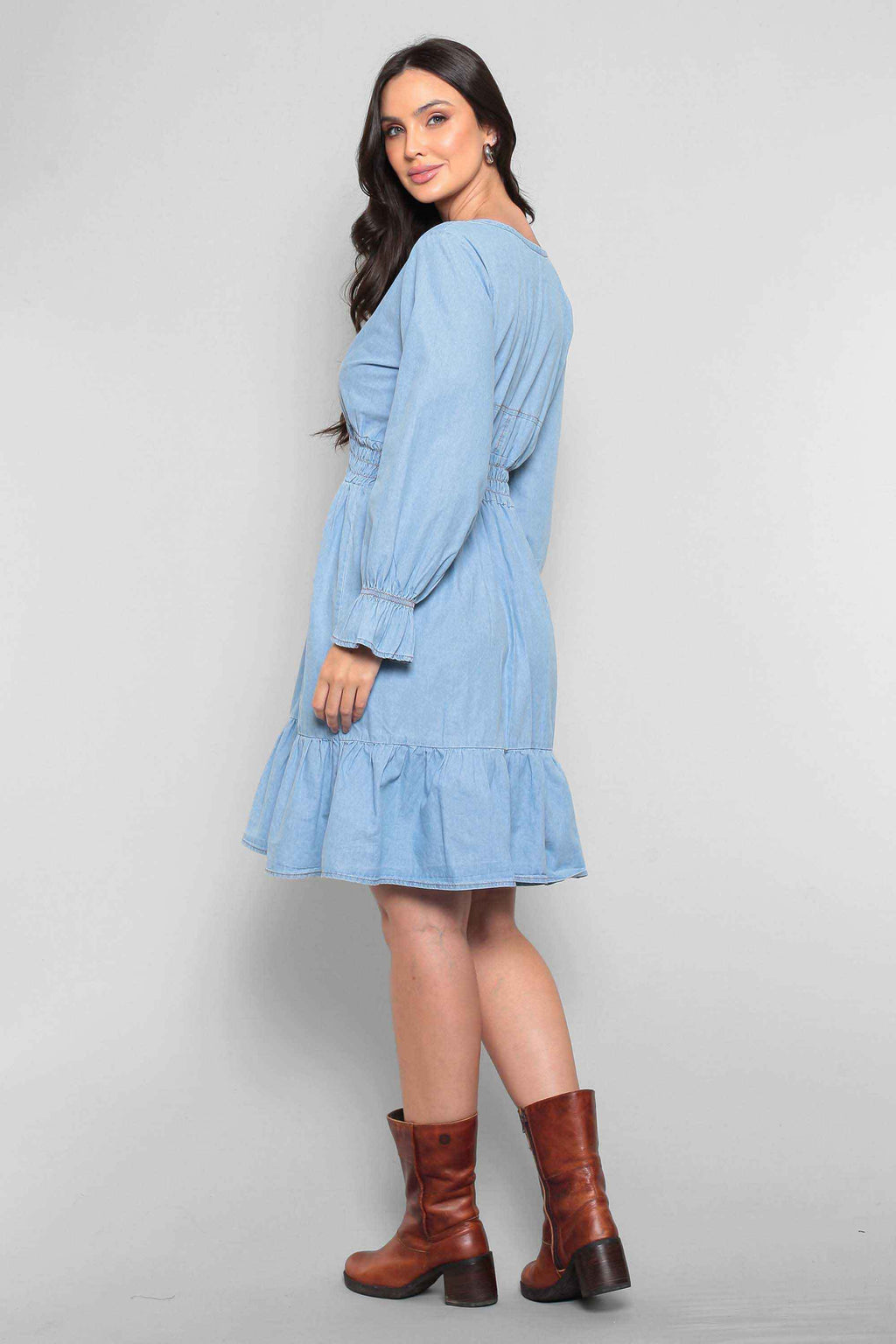 Vestido Jeans Padrão com Mangas Compridas