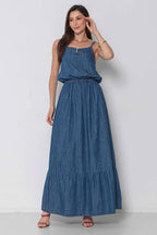 Vestido Jeans Longo com Alça Regulável Sem Elastano