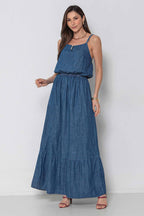 Vestido Jeans Longo com Alça Regulável Sem Elastano