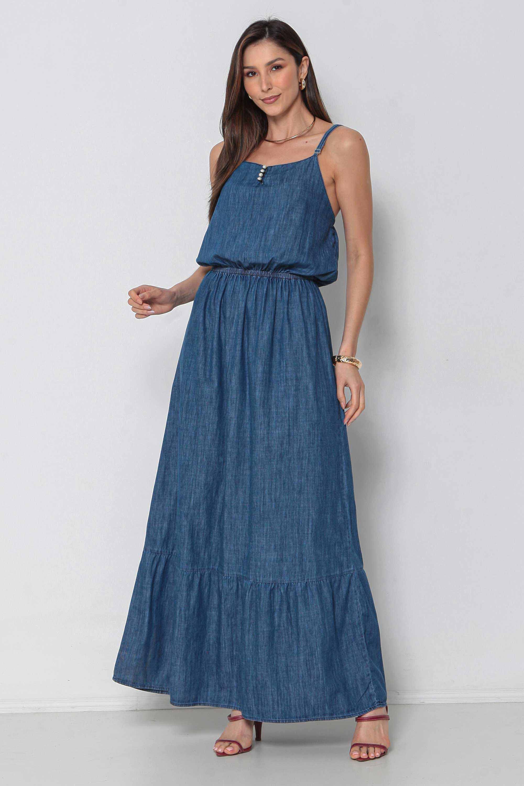 Vestido Jeans Longo com Alça Regulável Sem Elastano