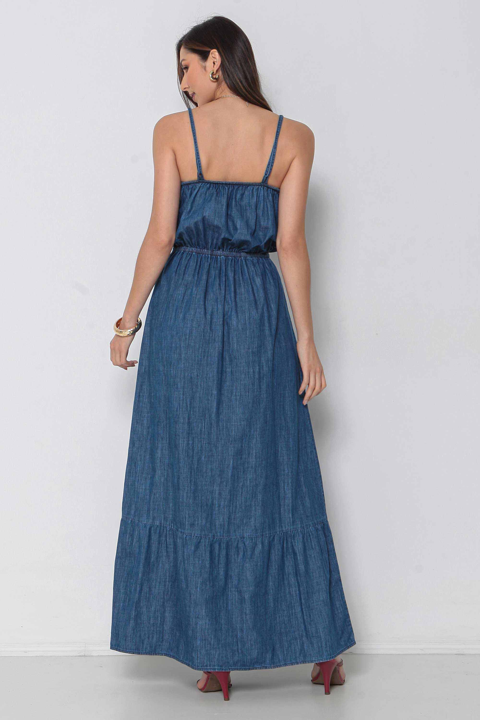 Vestido Jeans Longo com Alça Regulável Sem Elastano